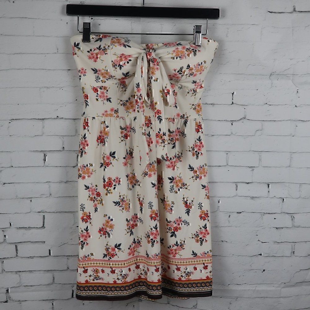 NO BOUNDRIES STRAPLESS IVORY WITH PINK FLORAL STRAPLESS MINI DRESS SIZE MEDIUM